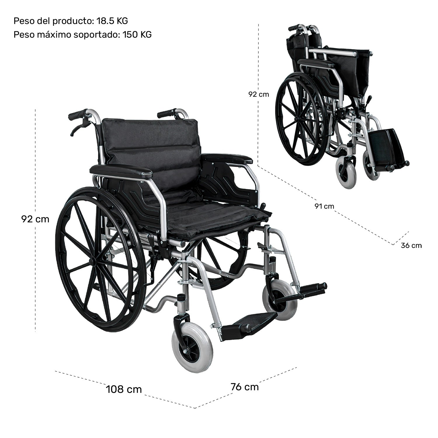 Silla De Ruedas Sobrepeso 150kg Doble Soporte Ancha Robusta