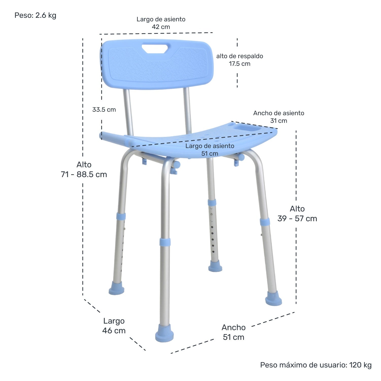 Silla Ducha Baño Ajustable Brazos Respaldo Ortopedica