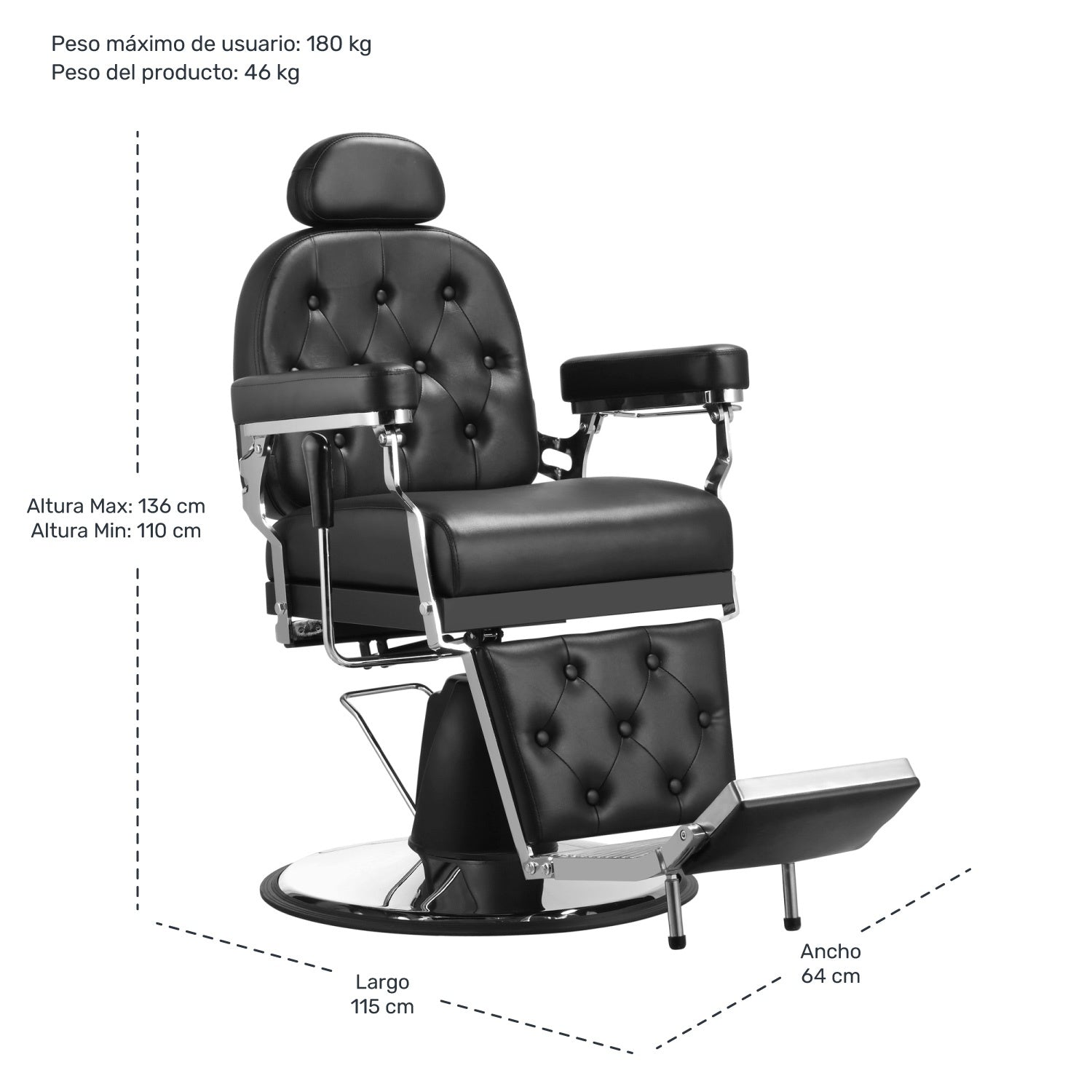 Sillon Barberia Capitonado Negro Ajustable Neumatica Silla Premium Barbero