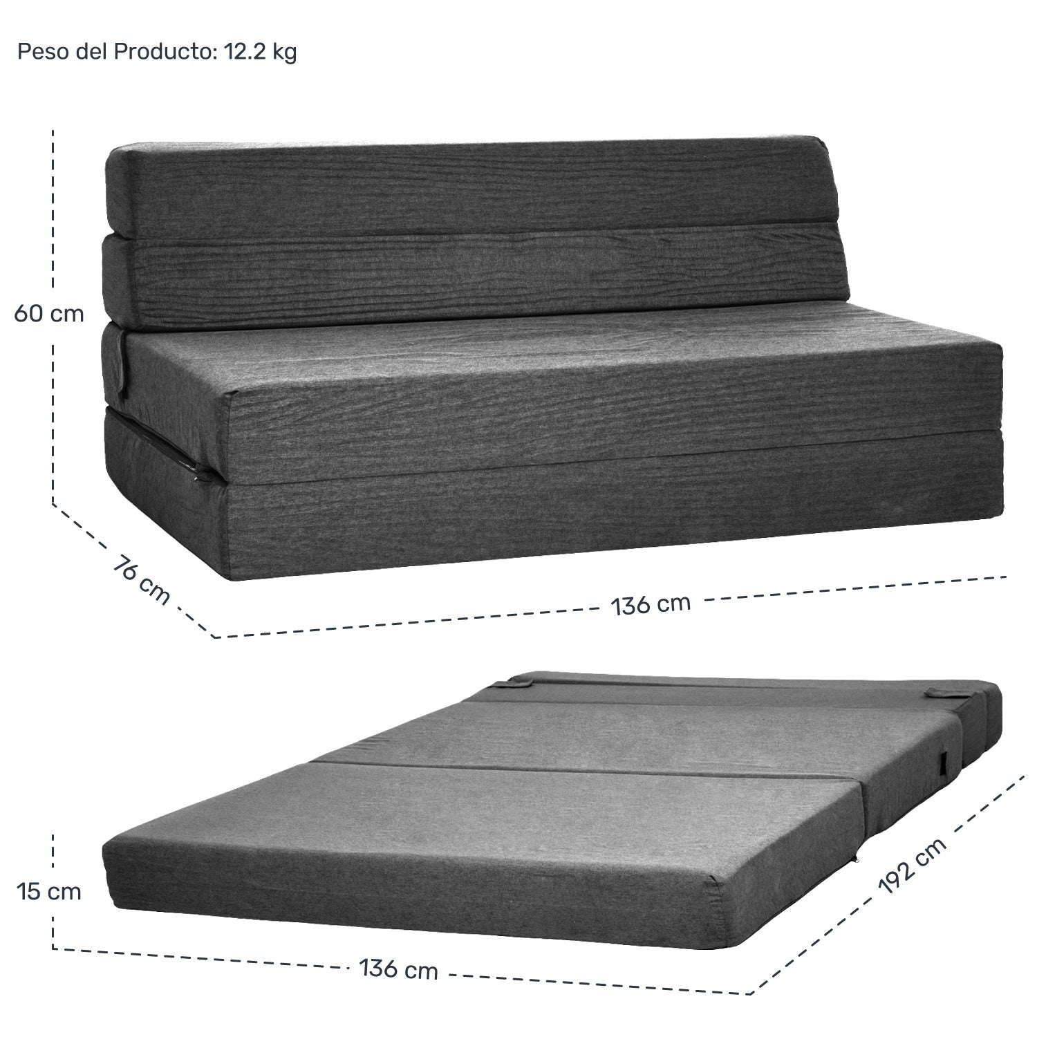 Sofa Cama Futon Plegable Modular Sala Mueble 3 En 1 Negro