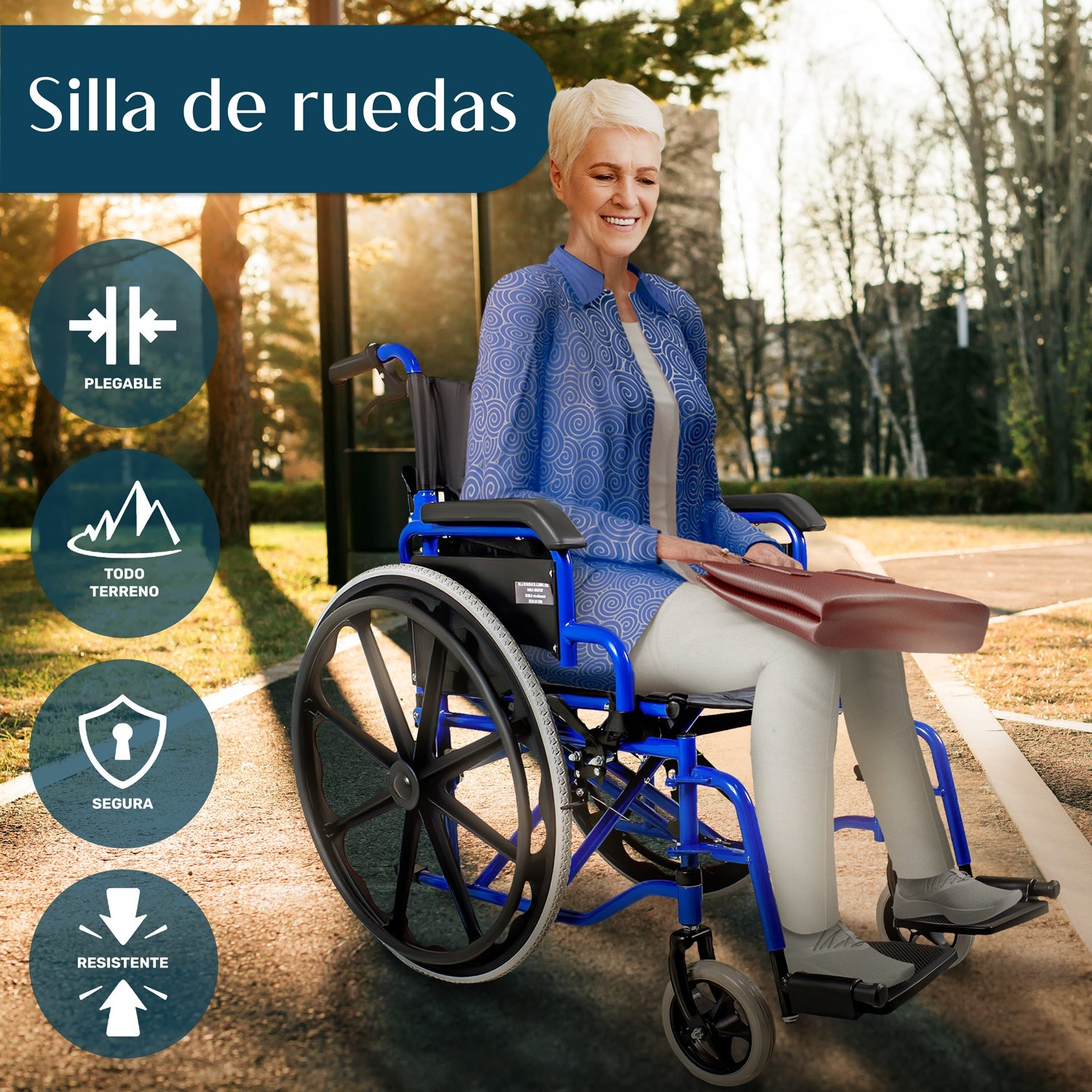 Silla de Ruedas Plegable Ligera Aluminio Todo Terreno 2 Frenos
