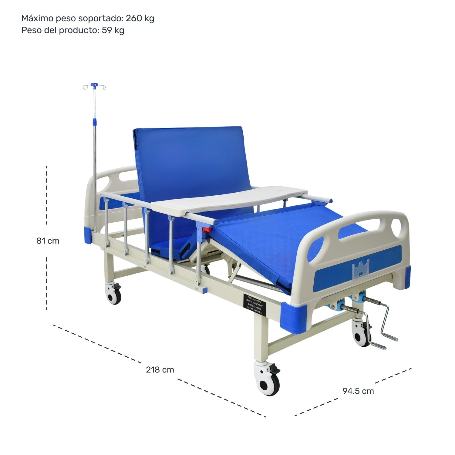 Cama Hospitalaria Manual Incluye Colchón Y Porta Suero Nanofort