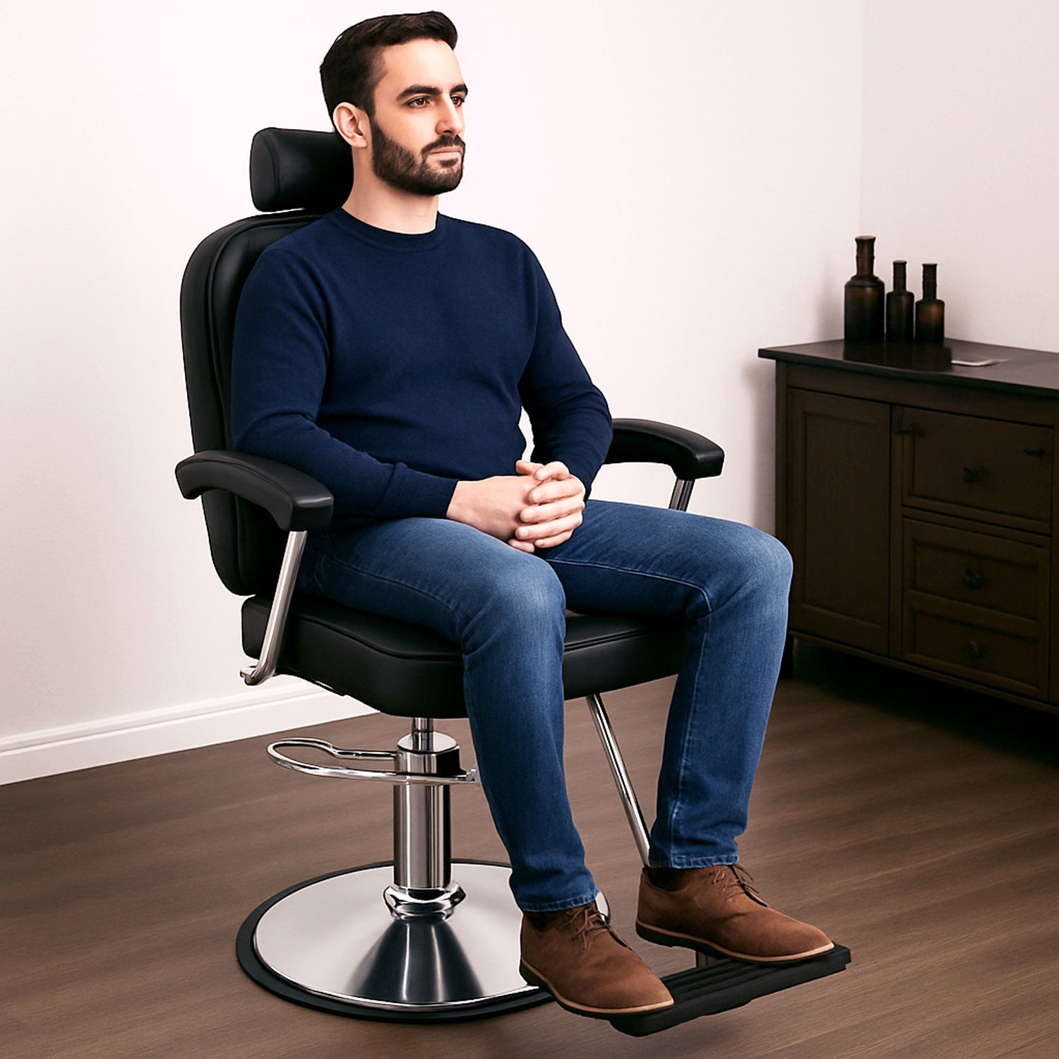Sillon Barberia Clasica Silla Estetica 360° Moderna Respaldo Fijo Negro