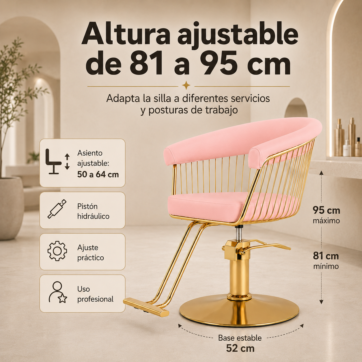 Silla Gold Circular Estética Spa Ajustable Giro 360° Rosa