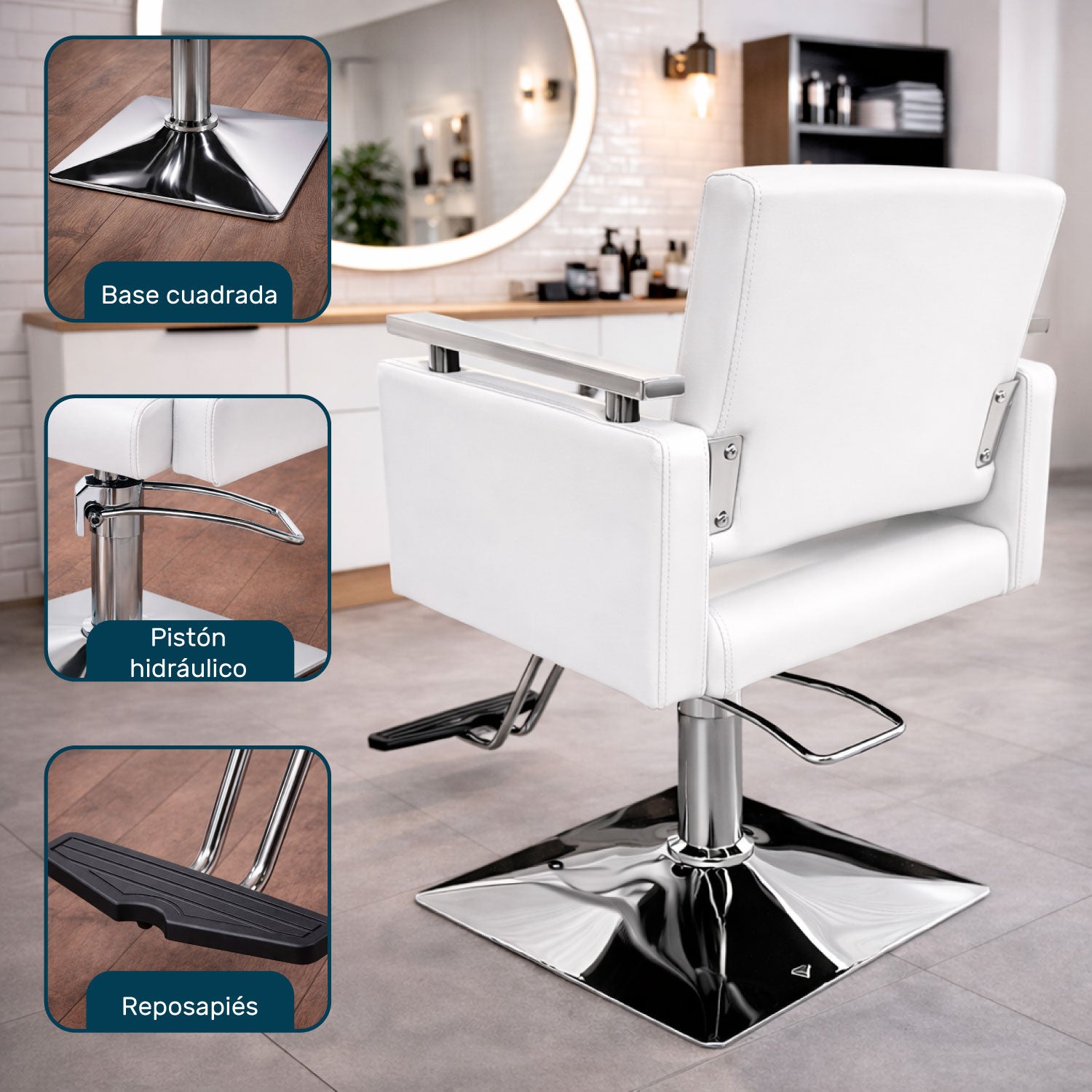 Sillón Silla Barberia Estética Cuadrada 360° Moderna Blanco