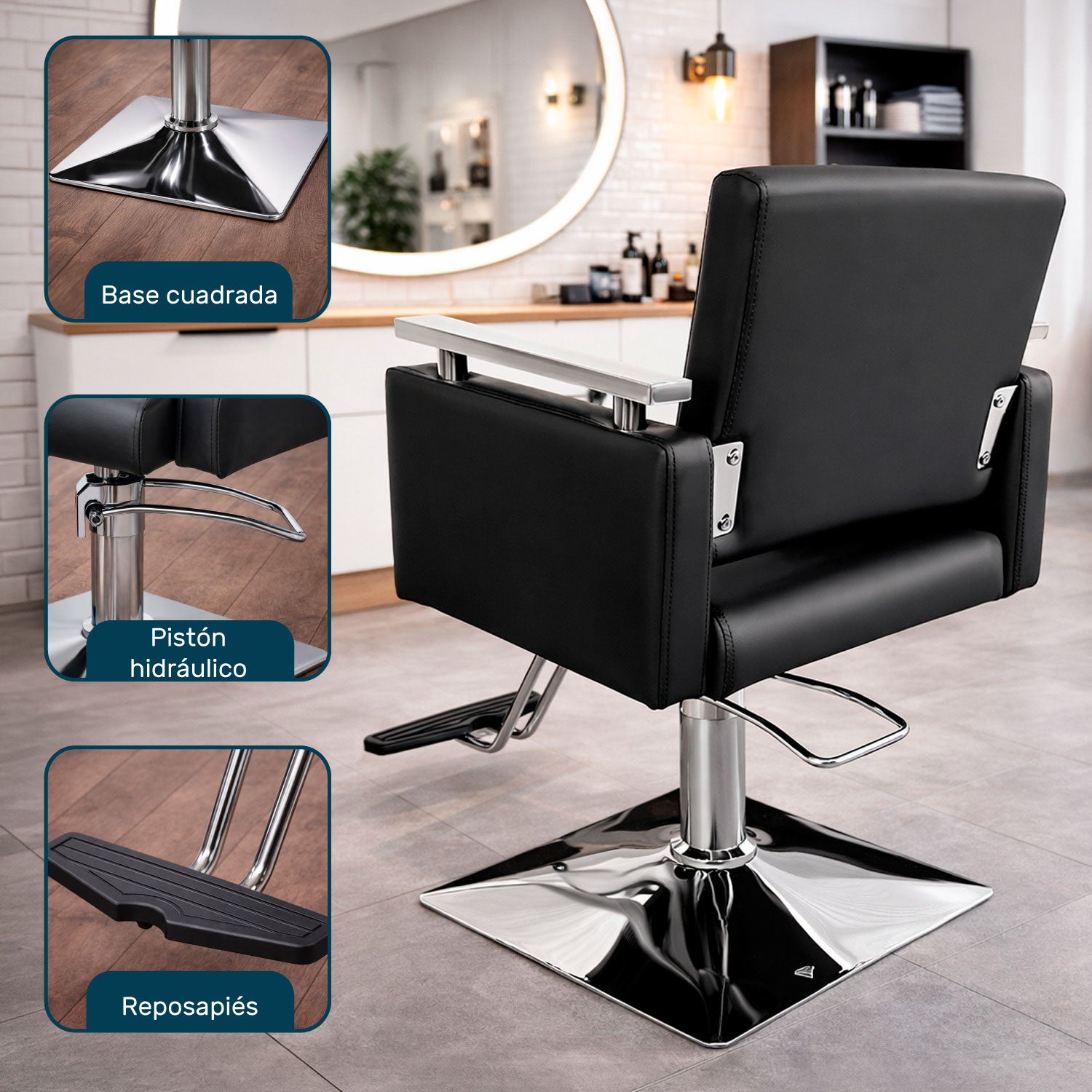 Sillon Silla Barberia Estetica Cuadrada 360° Moderna Negra