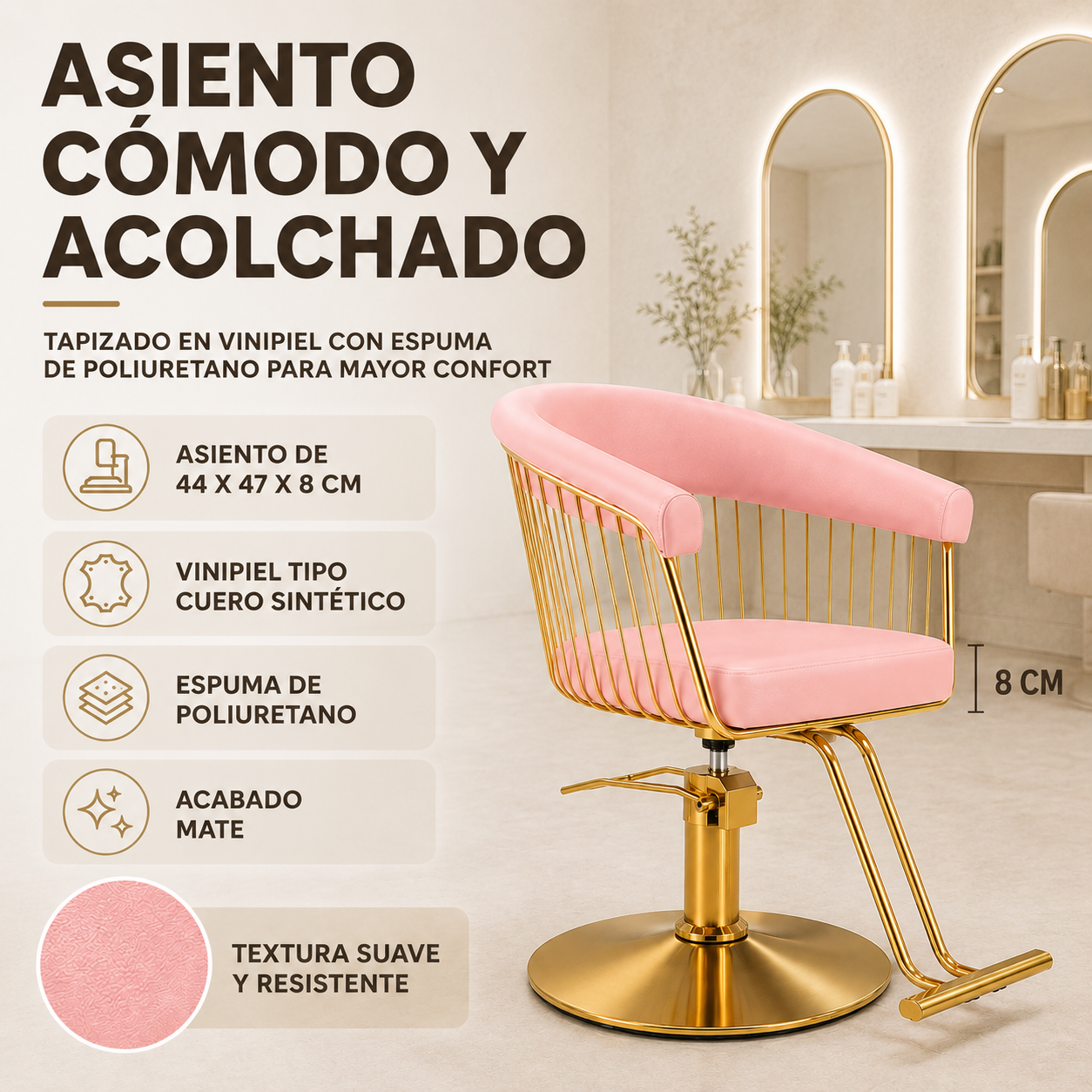 Silla Gold Circular Estética Spa Ajustable Giro 360° Rosa