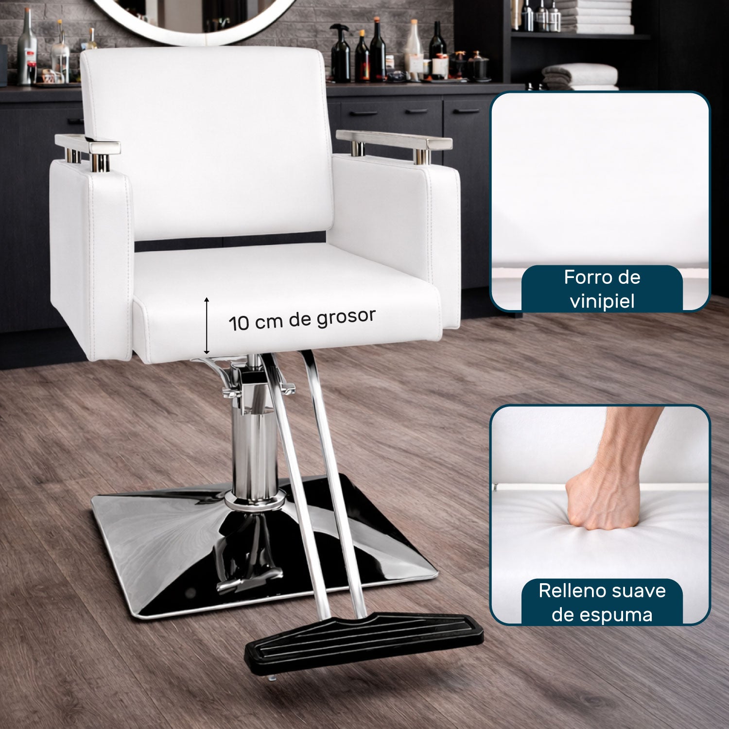 Sillón Silla Barberia Estética Cuadrada 360° Moderna Blanco