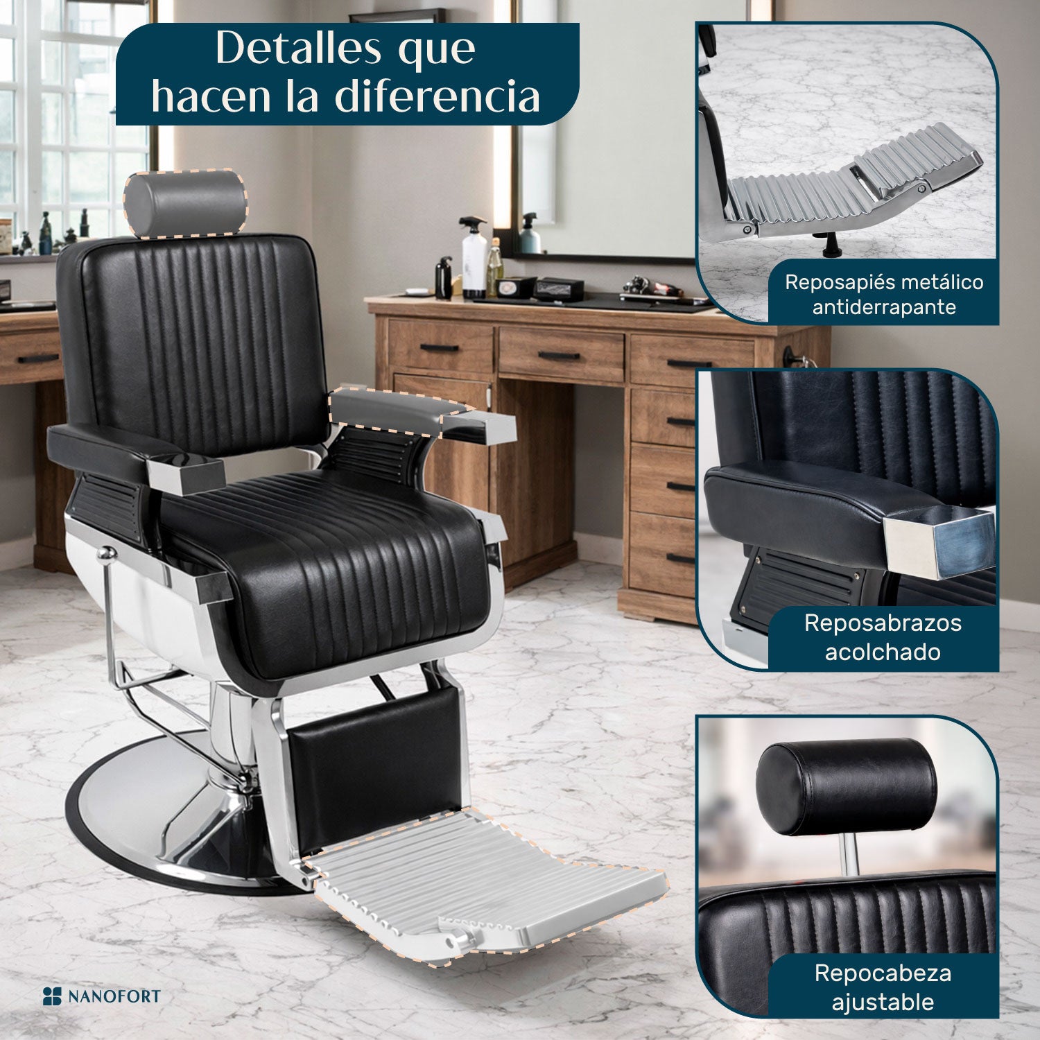 Sillón Barberia Silla Reclinable Premium Giro 360° Neumática negro
