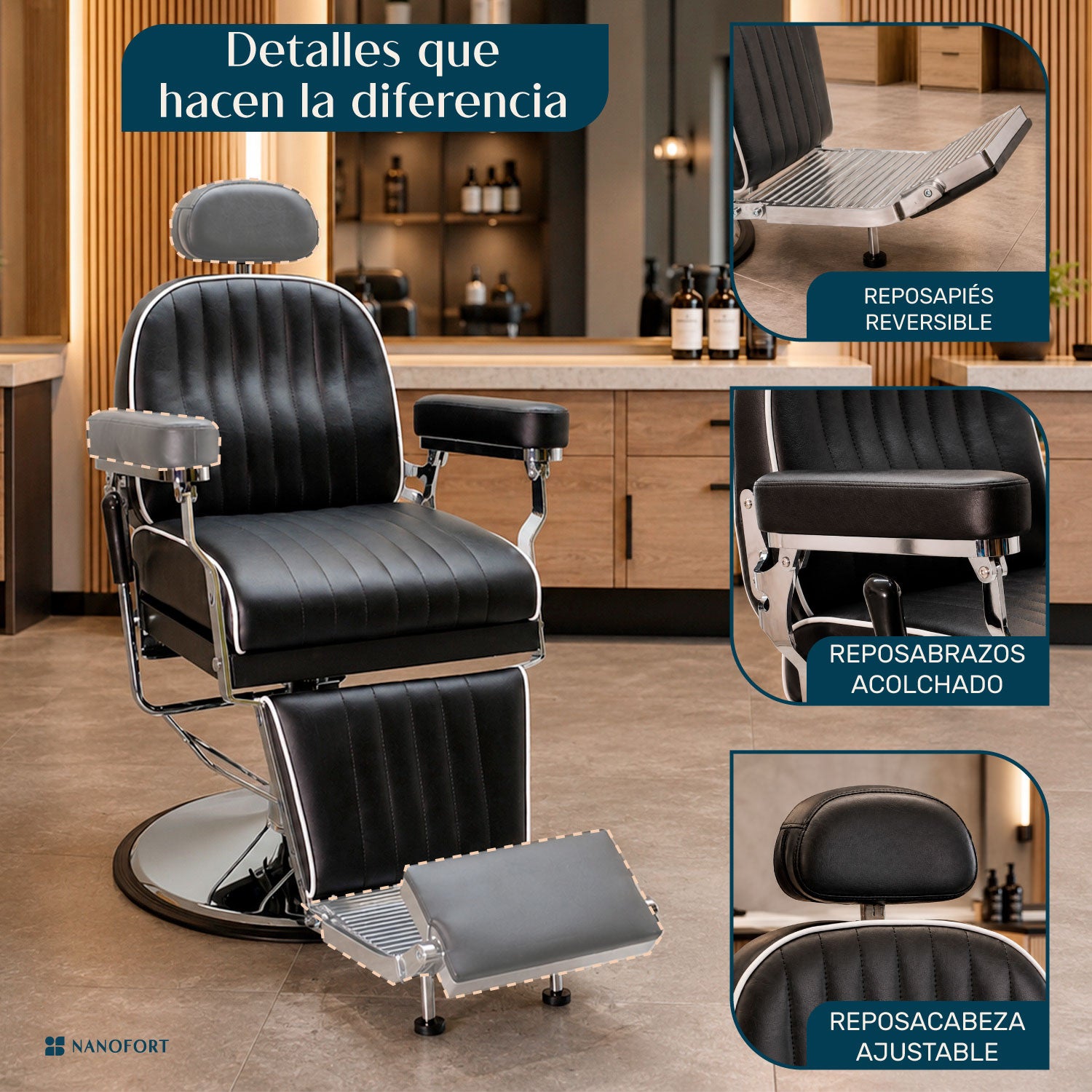 Sillón Barberia Hidráulico Silla Estética Respaldo Ajustable Inclinación  50° Negro