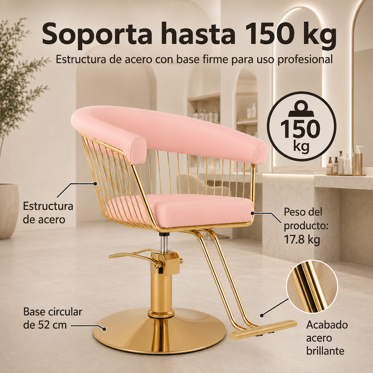 Silla Gold Circular Estética Spa Ajustable Giro 360° Rosa