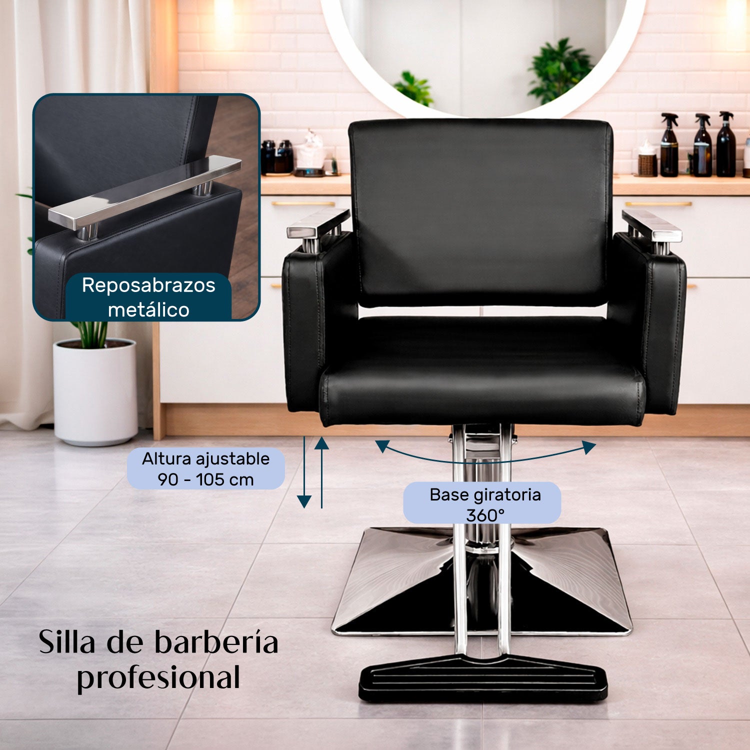 Sillon Silla Barberia Estetica Cuadrada 360° Moderna Negra