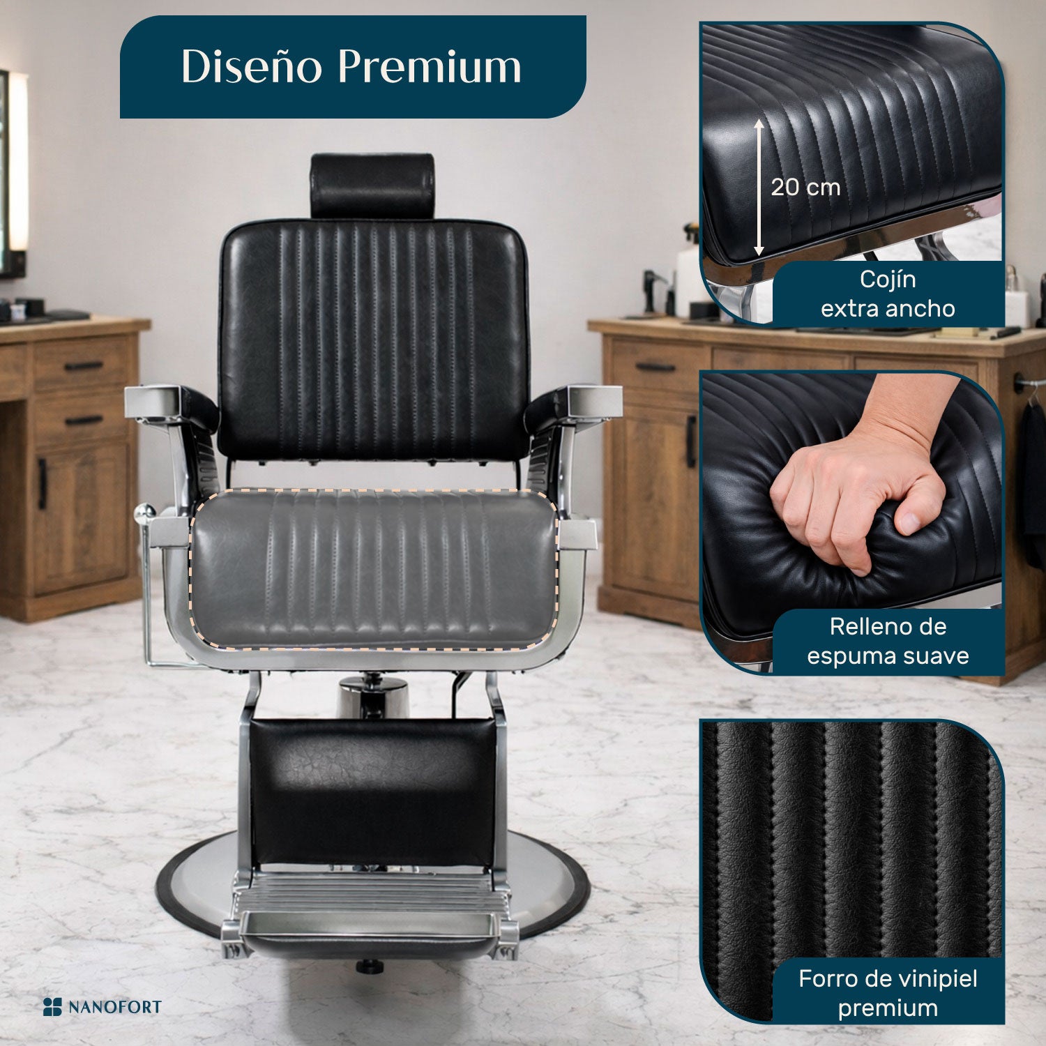Sillón Barberia Silla Reclinable Premium Giro 360° Neumática negro