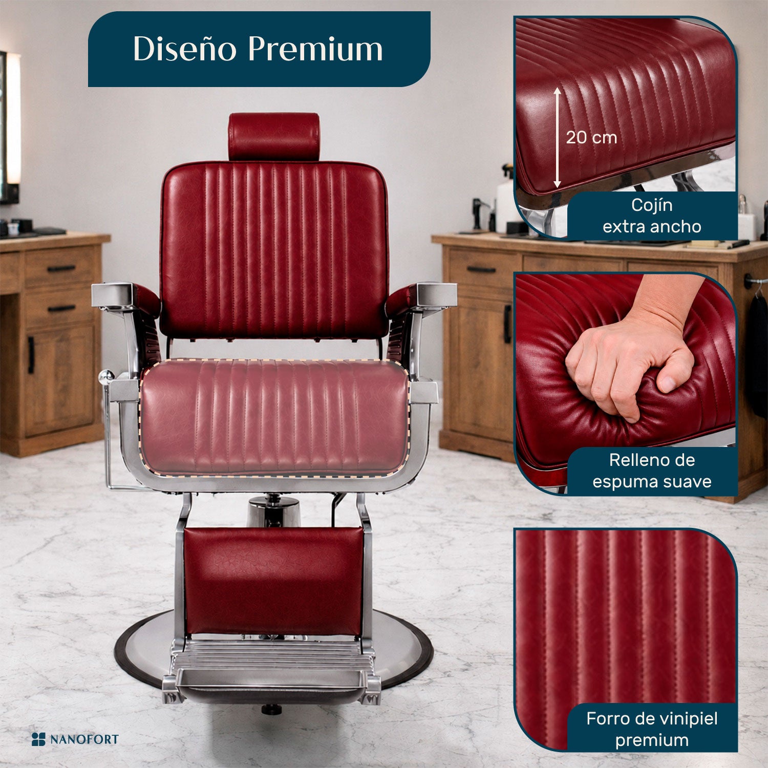 Sillon Barberia Silla Reclinable Premium Giro 360° Neumatica Vino
