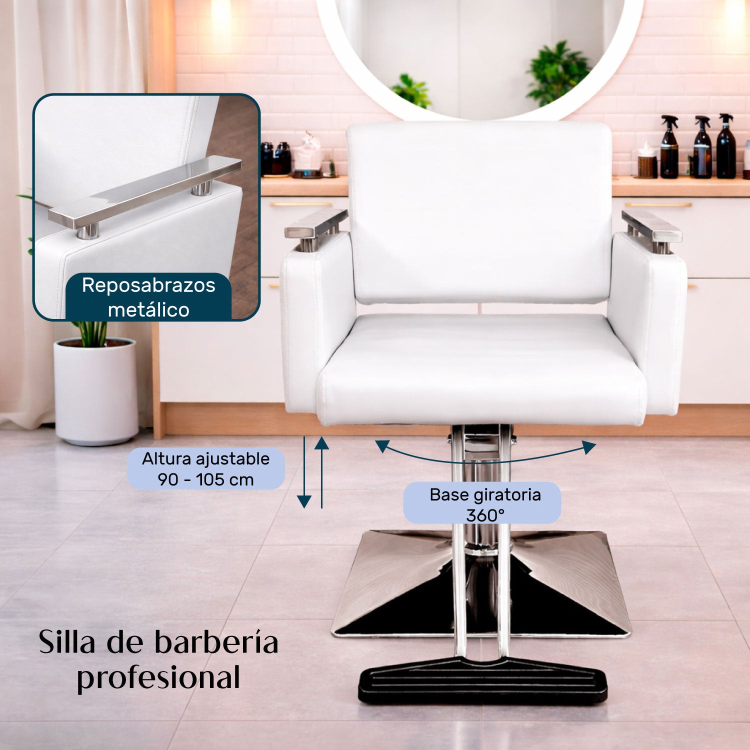 Sillón Silla Barberia Estética Cuadrada 360° Moderna Blanco