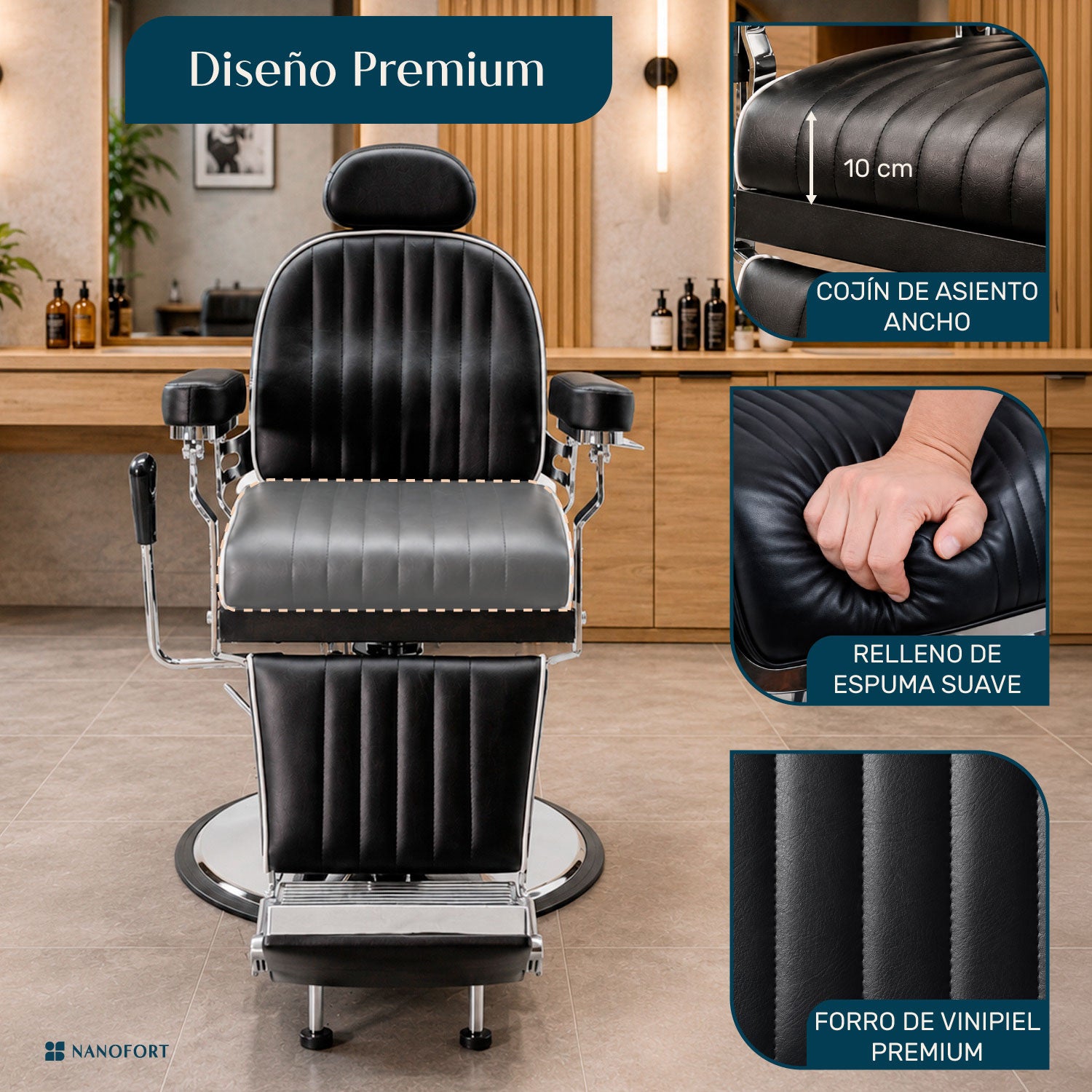 Sillón Barberia Hidráulico Silla Estética Respaldo Ajustable Inclinación  50° Negro