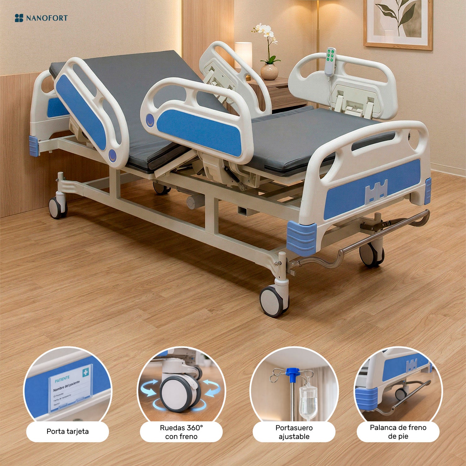 Cama de Hospital Eléctrica con Colchón y Porta Suero