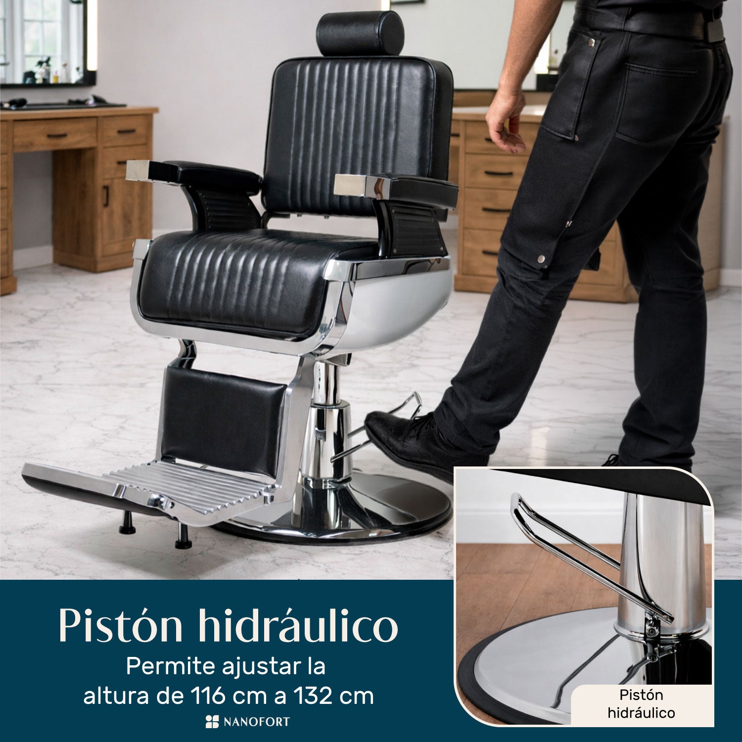Sillón Barberia Silla Reclinable Premium Giro 360° Neumática negro