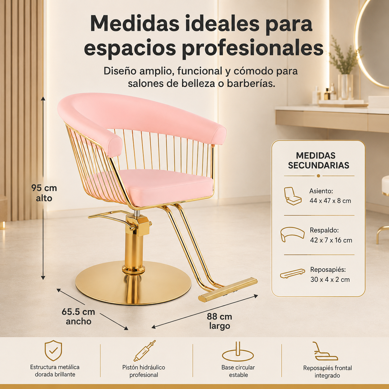 Silla Gold Circular Estética Spa Ajustable Giro 360° Rosa