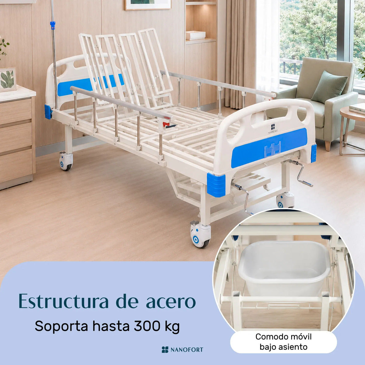 Cama Hospital Manual 5 Posiciones Cómodo Colchon Porta Suero Azul