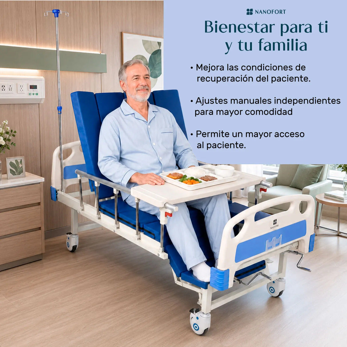 Cama Hospital Manual 5 Posiciones Cómodo Colchon Porta Suero Azul