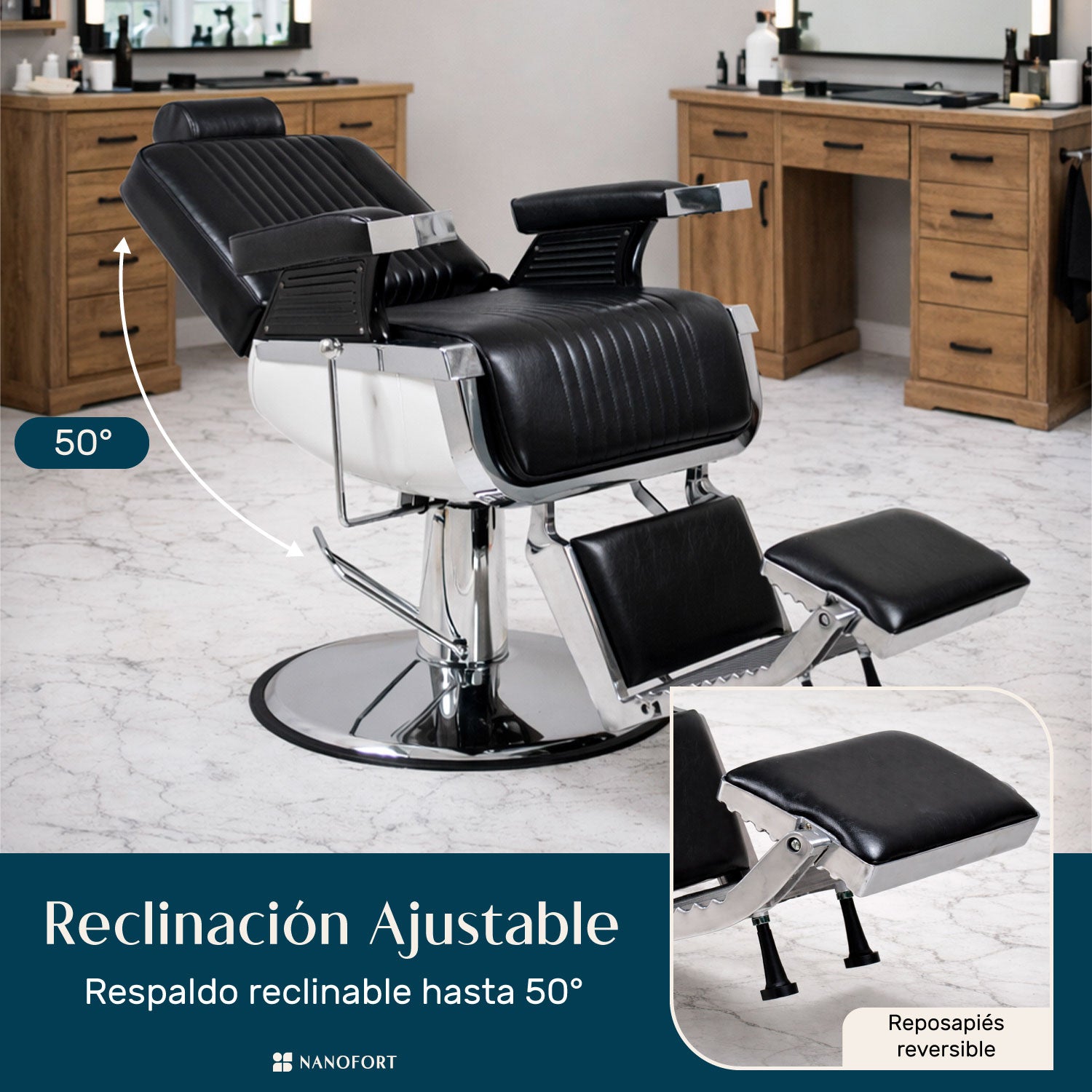Sillón Barberia Silla Reclinable Premium Giro 360° Neumática negro