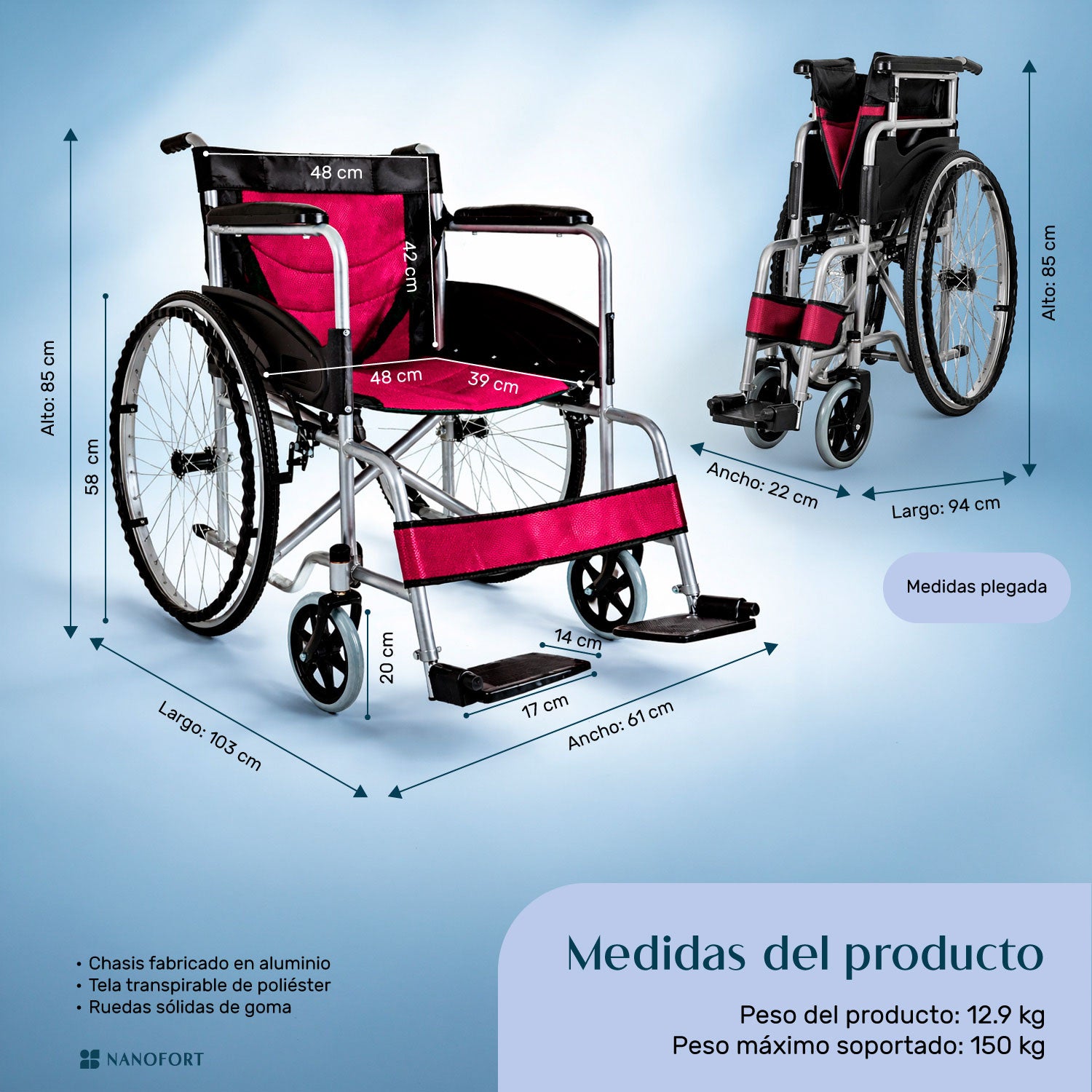 Silla De Ruedas Ligera 23 Pulgadas Plegable Aluminio Lujo Color Vino