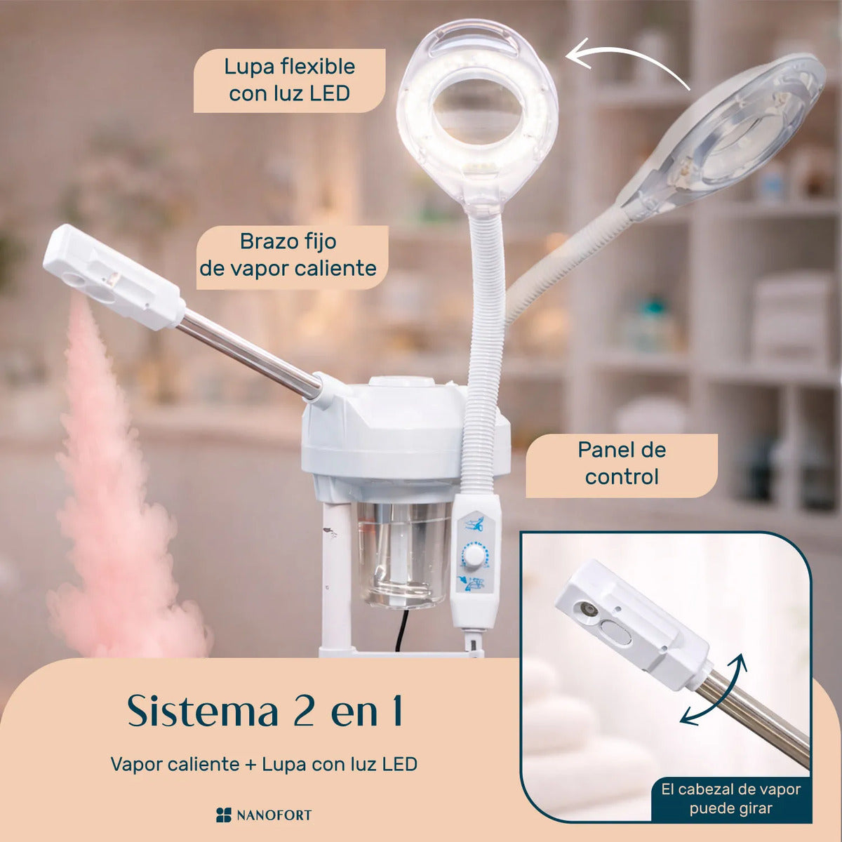 Vaporizador Facial Profesional Lampara Lupa Temporizador Spa Blanco