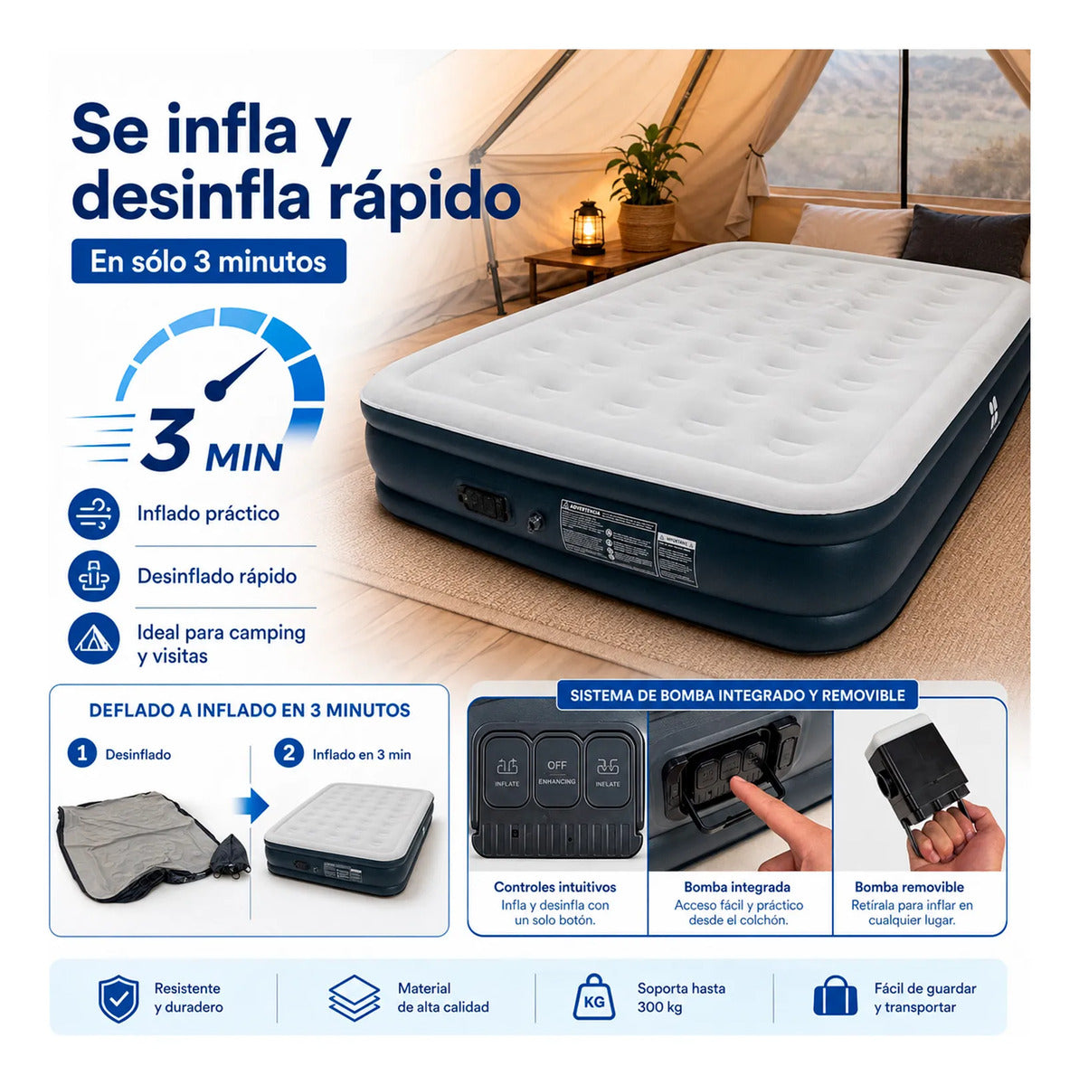 Colchon Inflable Queen Size Inflado Automatico Almohadas Gris