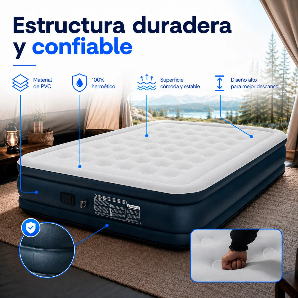 Colchon Inflable Queen Size Inflado Automatico Almohadas Gris