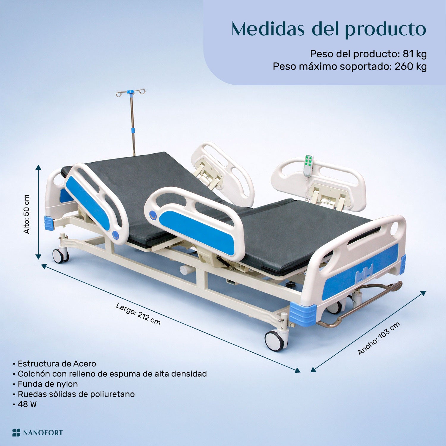 Cama de Hospital Eléctrica con Colchón y Porta Suero