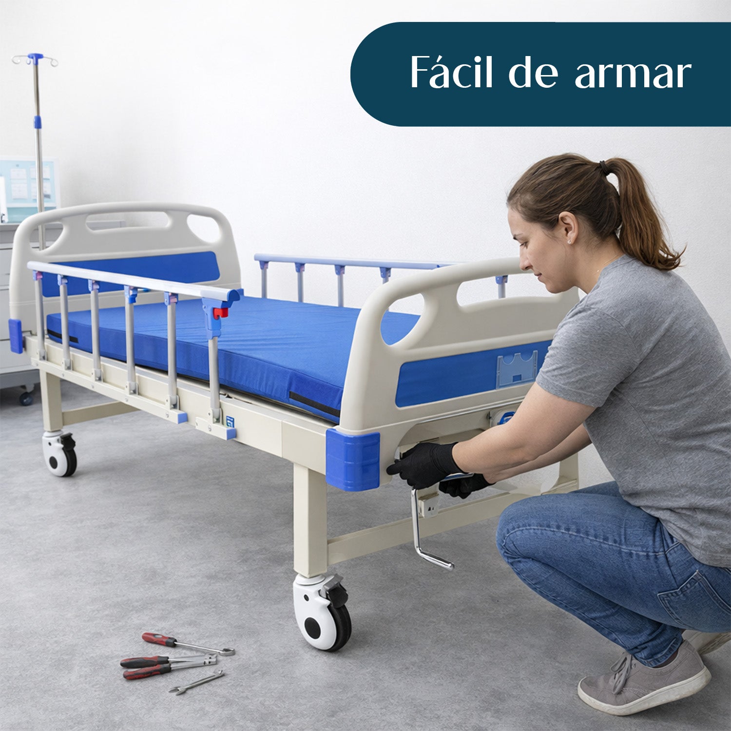 Cama Hospitalaria Manual Incluye Colchón Y Porta Suero Nanofort