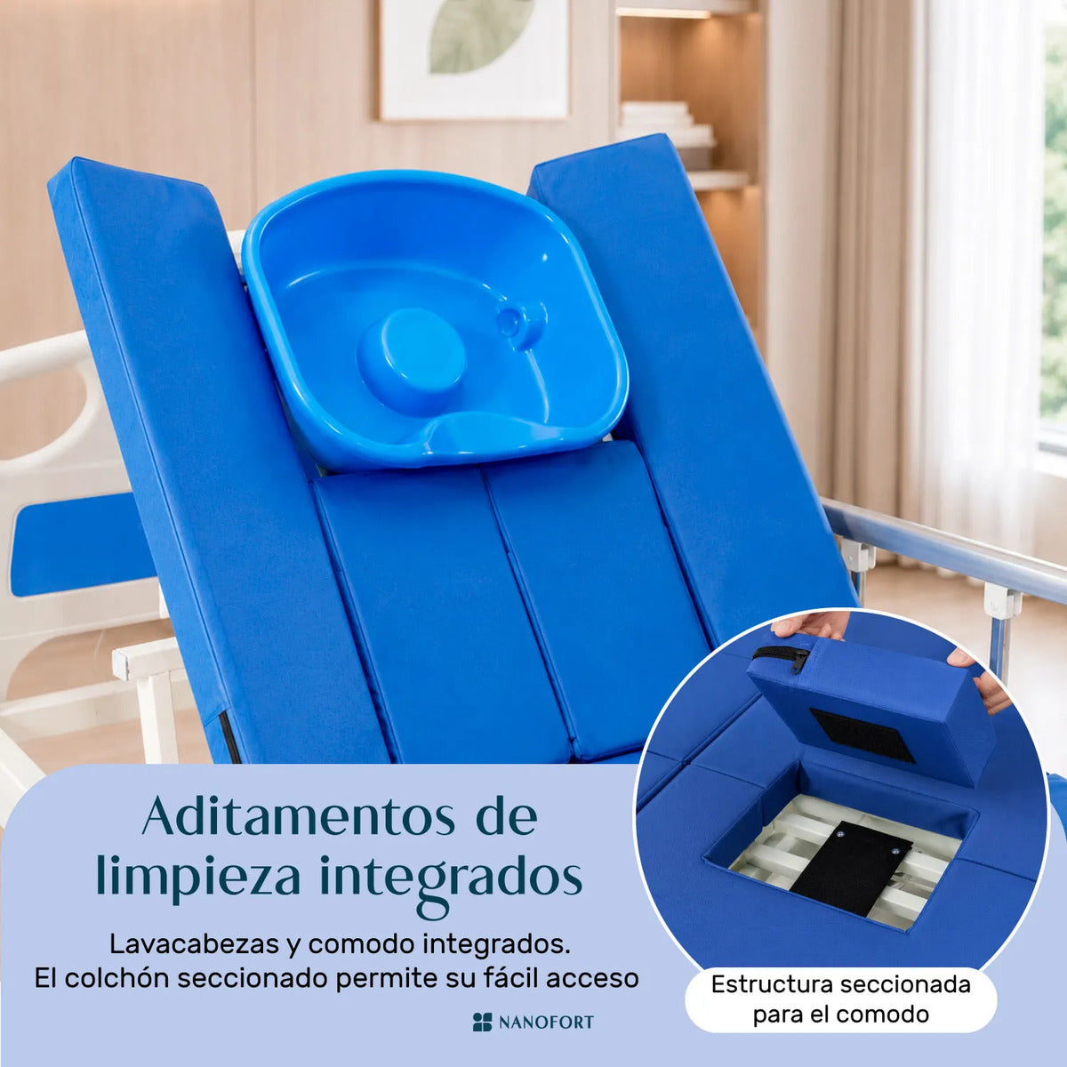 Cama Hospital Manual 5 Posiciones Cómodo Colchon Porta Suero Azul