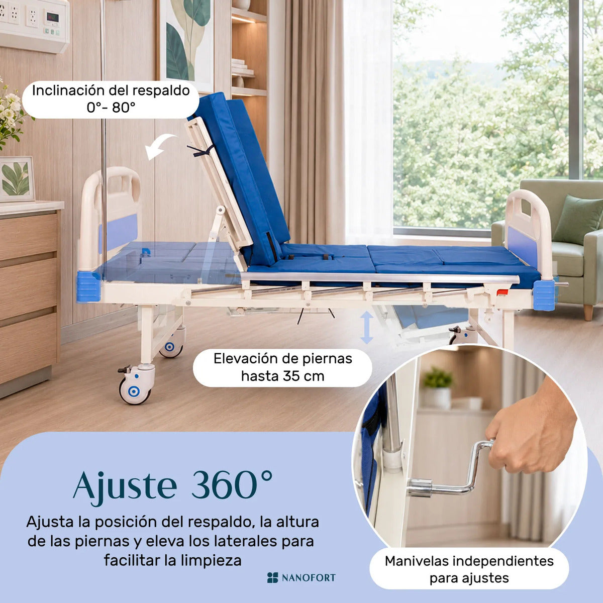 Cama Hospital Manual 5 Posiciones Cómodo Colchon Porta Suero Azul