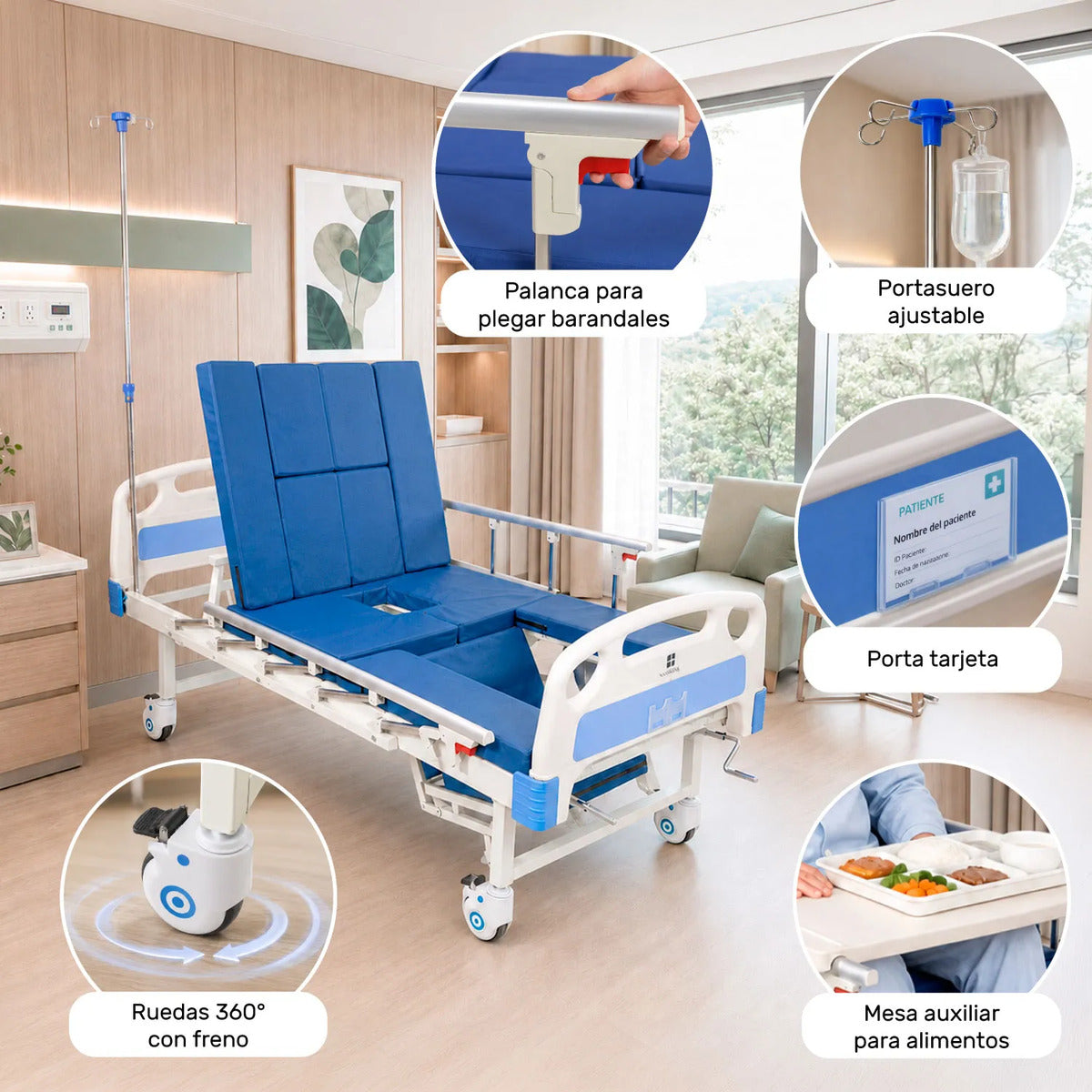 Cama Hospital Manual 5 Posiciones Cómodo Colchon Porta Suero Azul