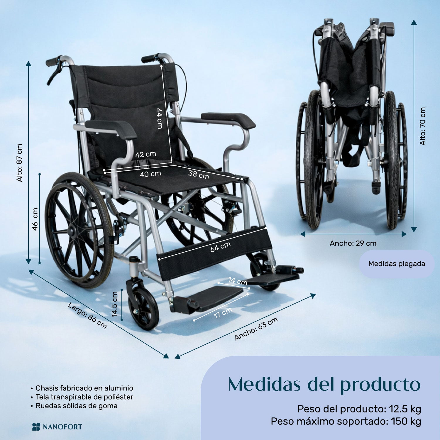 Silla Ruedas Plegable Aluminio Ligera Todo Terreno Premium Color Negro