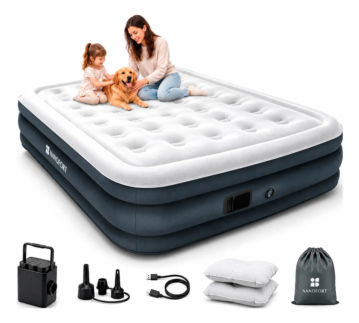 Colchon Inflable Queen Size Inflado Automatico Almohadas Gris