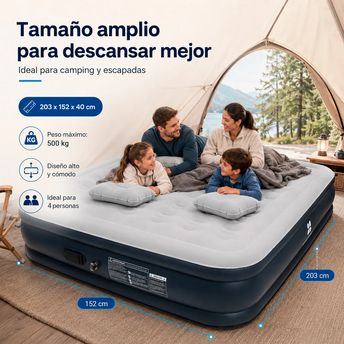 Colchon Inflable Queen Size Inflado Automatico Almohadas Gris