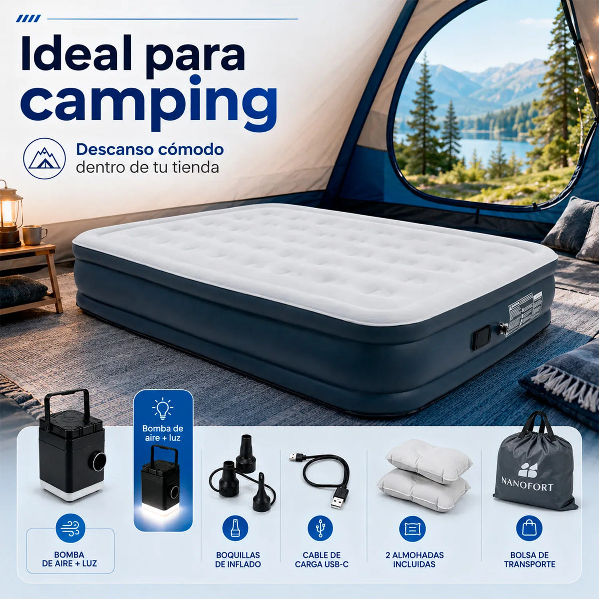 Colchon Inflable Queen Size Inflado Automatico Almohadas Gris
