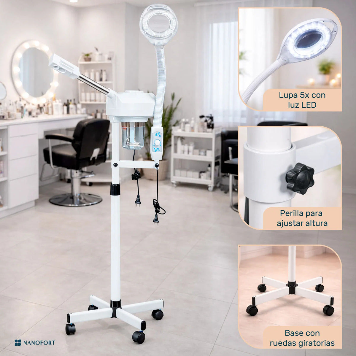 Vaporizador Facial Profesional Lampara Lupa Temporizador Spa Blanco