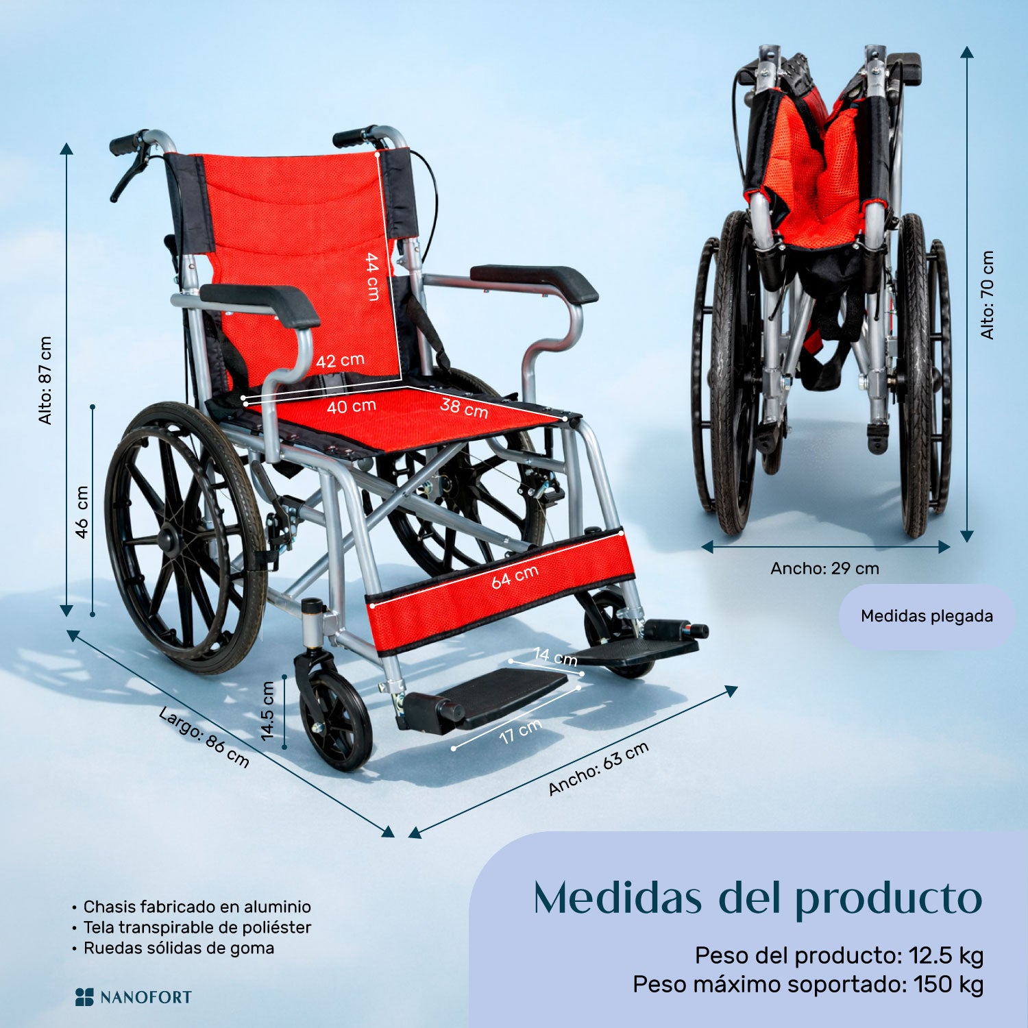 Silla Ruedas Plegable Aluminio Ligera Todo Terreno Premium Color Rojo