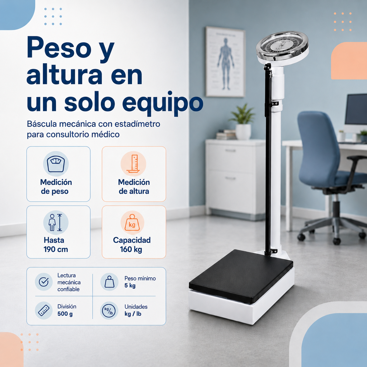 Bascula Balanza Mecanica Estadimetro Precision Clinica 160kg Color Blanco