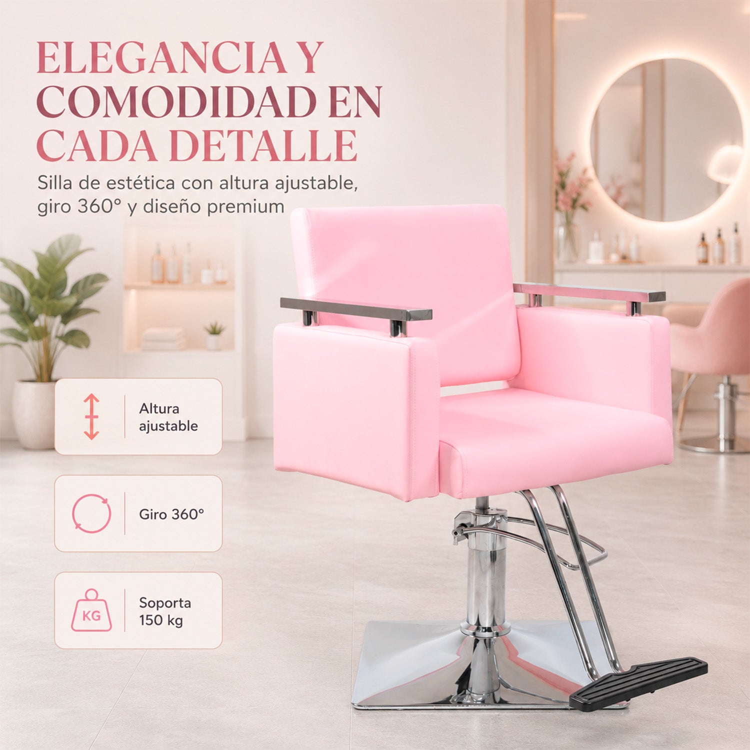 Sillón Silla Barberia Estética Cuadrada 360° Moderna Rosa