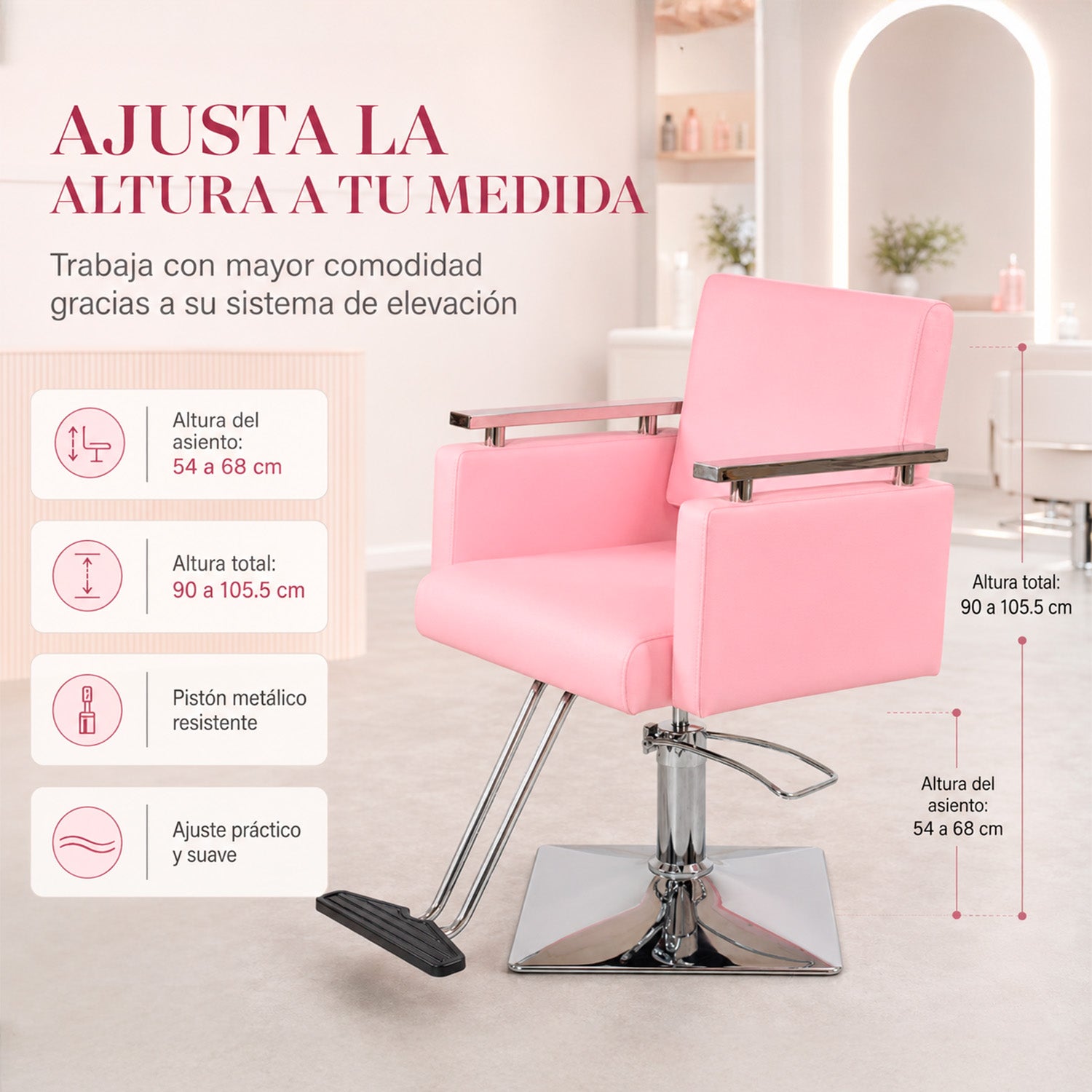 Sillón Silla Barberia Estética Cuadrada 360° Moderna Rosa