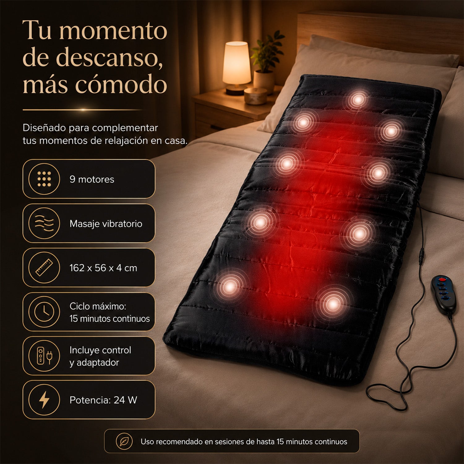 Colchon Masajeador Vibratorio Calor Cuerpo Completo con 9 Motores