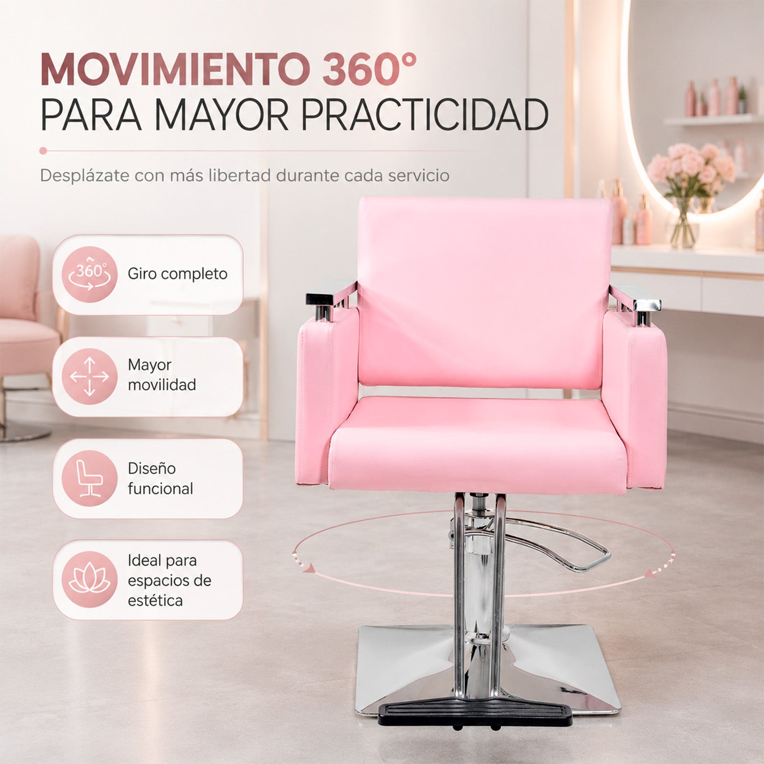 Sillón Silla Barberia Estética Cuadrada 360° Moderna Rosa