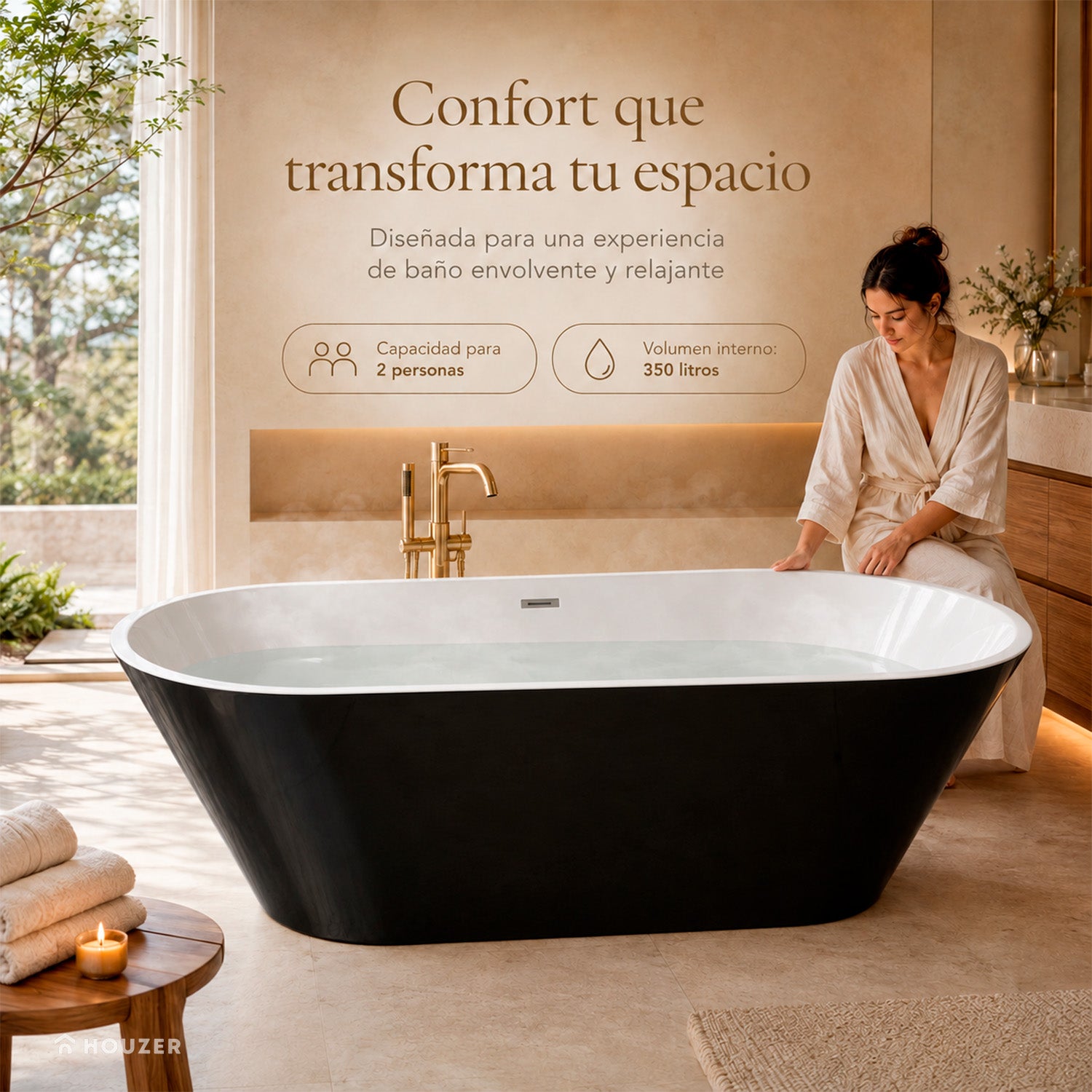 Tina Baño Lujo 2 Personas Fibra De Vidrio 169 X 75.5 X 59 Cm Marca Houzer