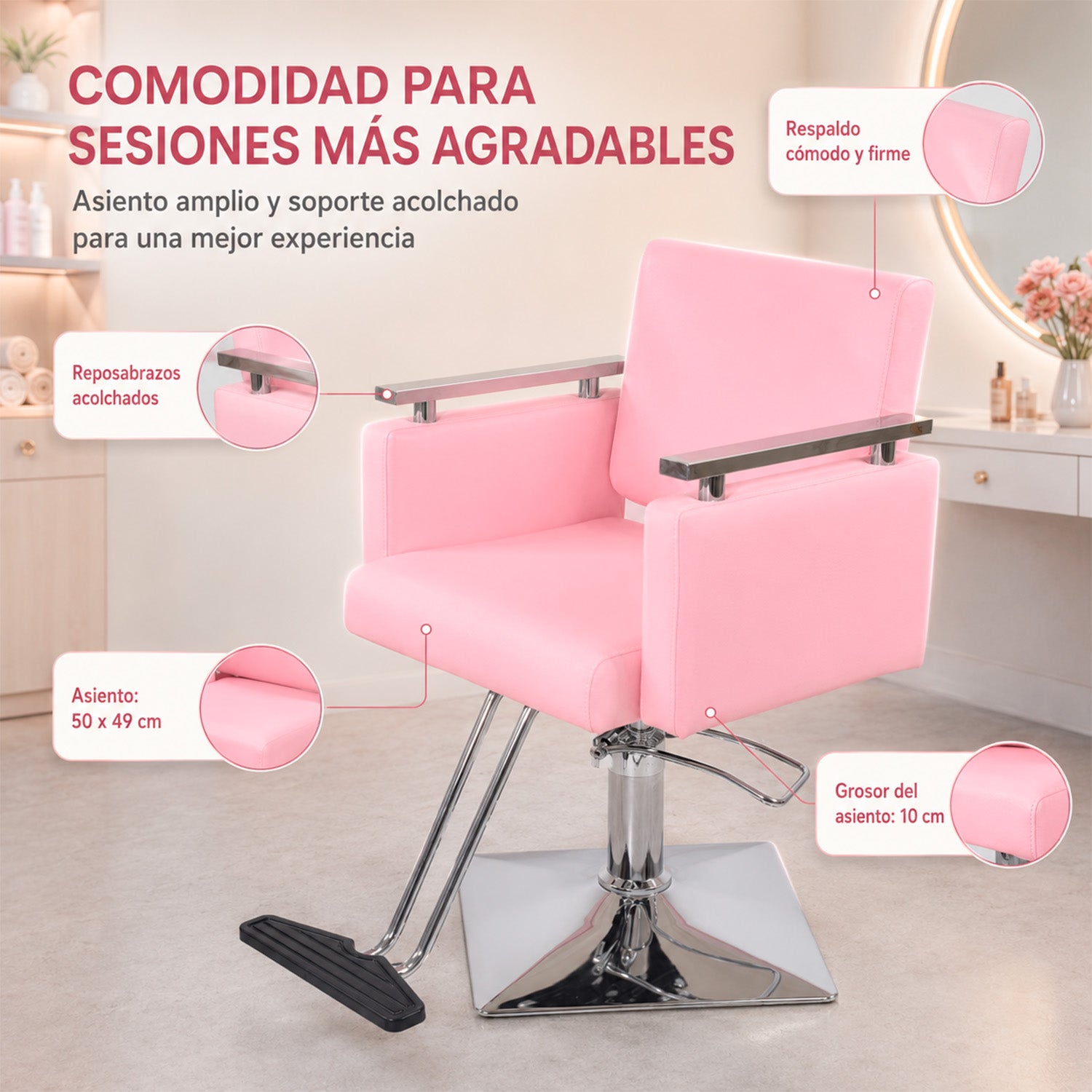 Sillón Silla Barberia Estética Cuadrada 360° Moderna Rosa