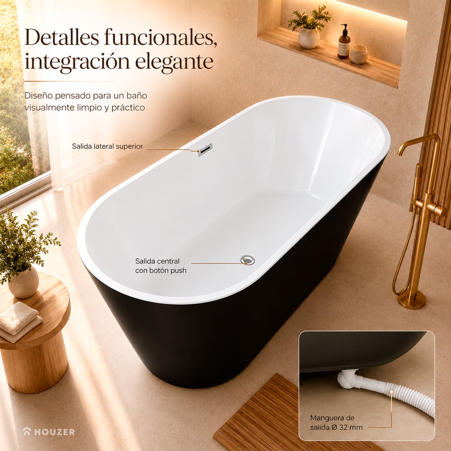 Tina Baño Lujo 2 Personas Fibra De Vidrio 169 X 75.5 X 59 Cm Marca Houzer