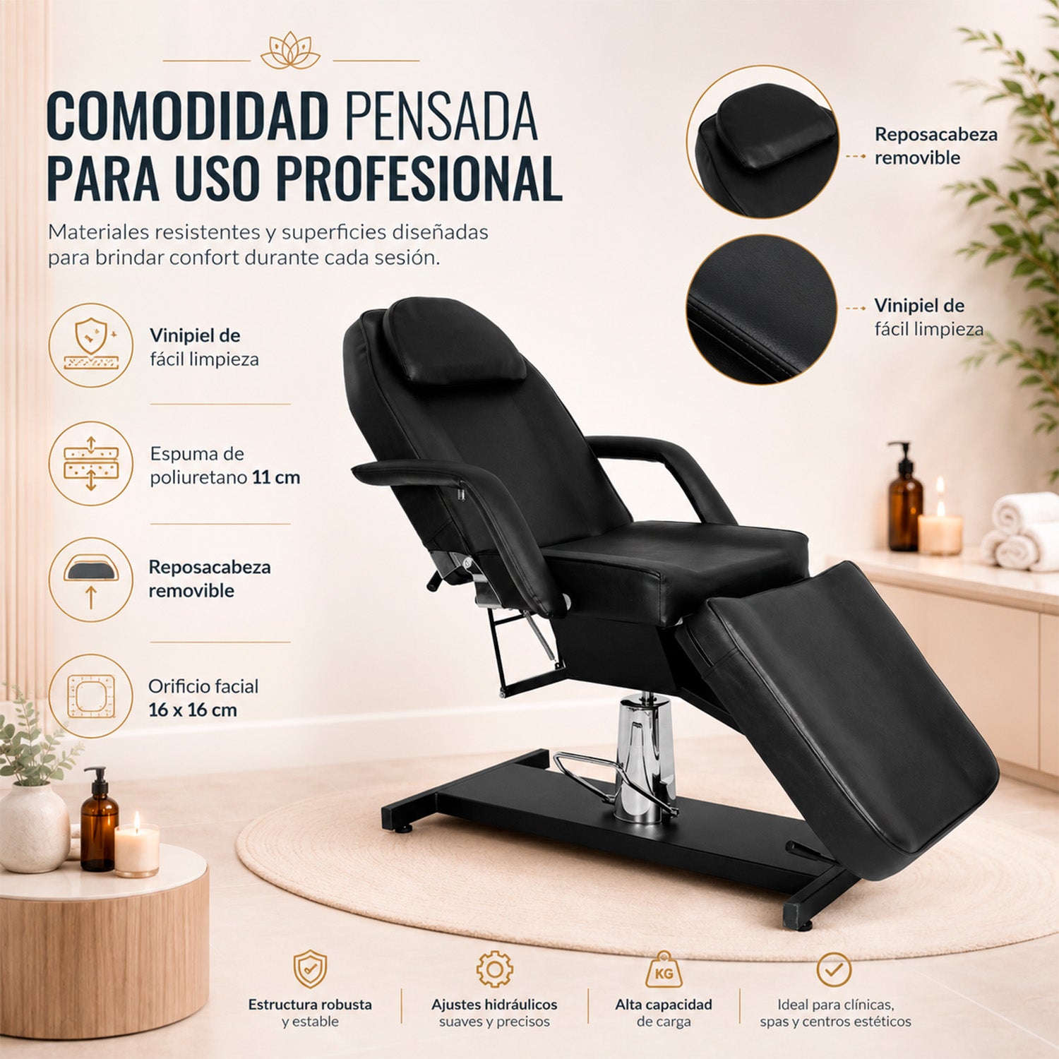 Silla Faciales Cama Camilla Sillón Spa Masaje Hidráulica Negra